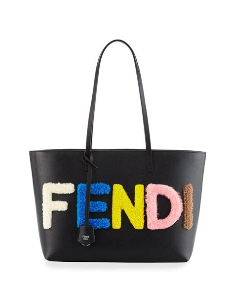 Fendi Shearling Fur Logo Lettering Small Roll Tote Bag, Black